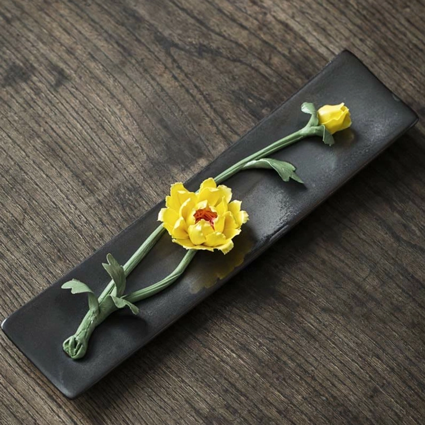 Yellow peony ceramic incense holder, prosperity and mindfulness symbol, wellness accessory