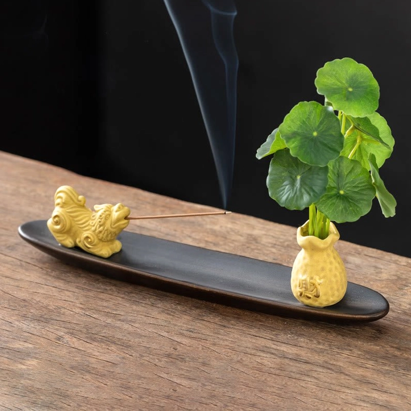 Yellow Pixiu Buddhist wealth protection incense burner with figurine and vase