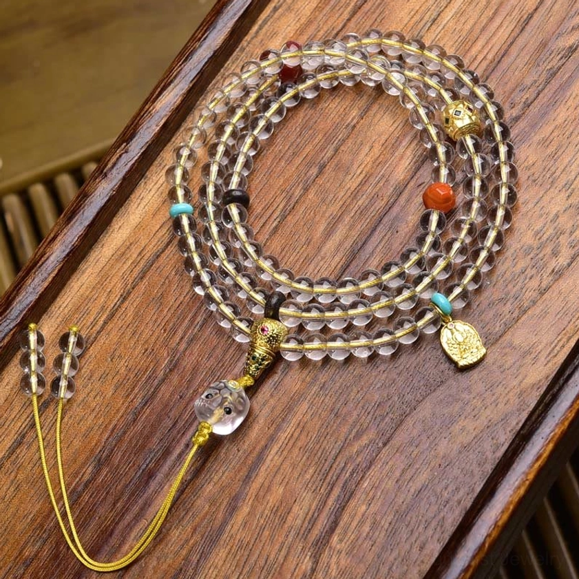 Yellow rope copper charm 108-bead Buddhist mala with protective amulet 6mm