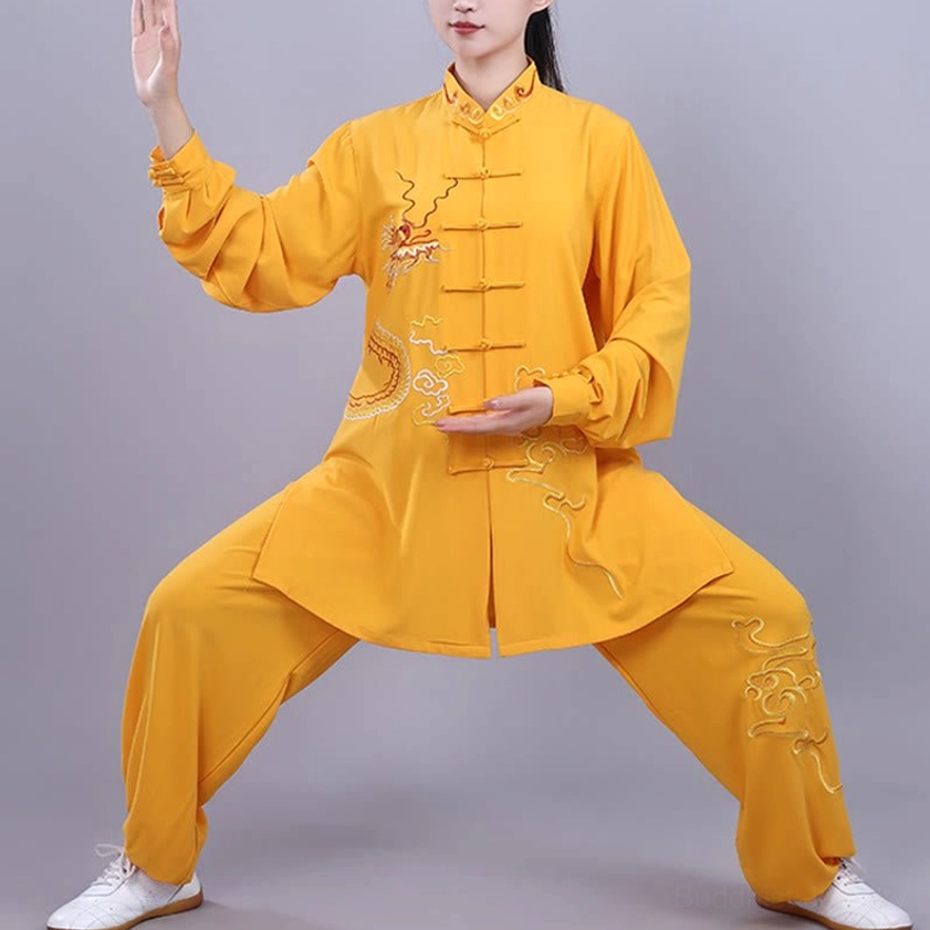 Yellow tai chi meditation uniform with golden dragon embroidery