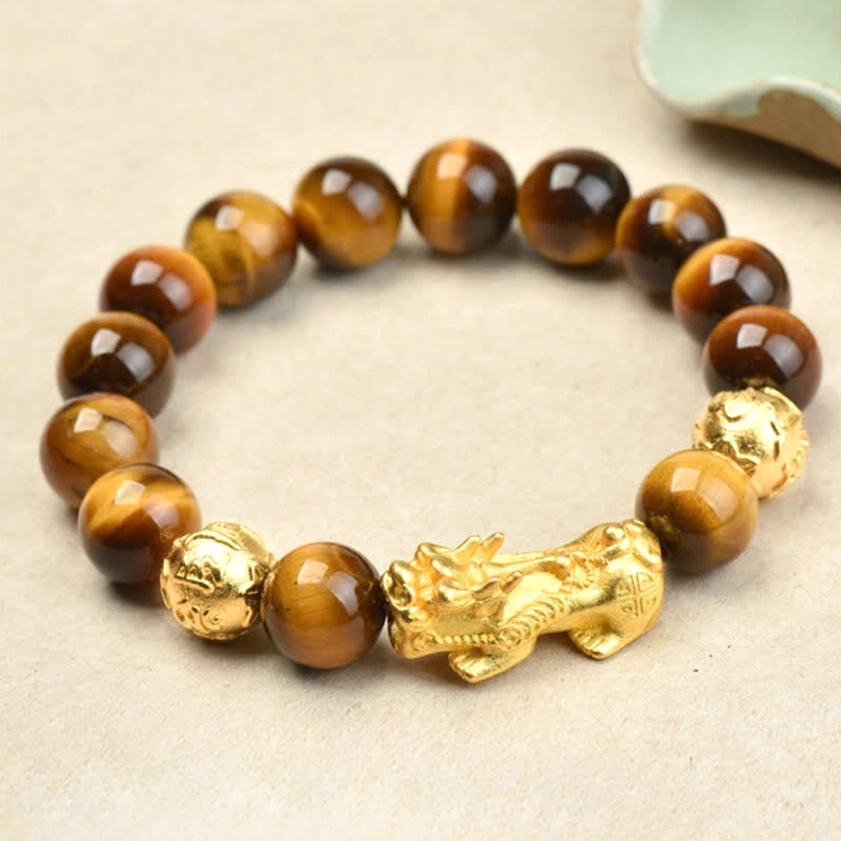 Yellow tiger eye Pixiu bracelet with bow-knot charm, prosperity design