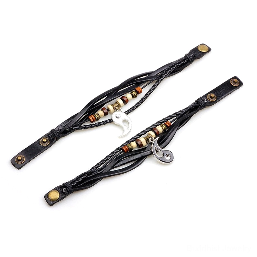 Yin yang bracelet strap set with black braided leather, beaded accents, metal charm hooks, and snap buckle closures