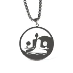 Yin Yang Buddha hollow pendant necklace front view matte black and silver stainless steel