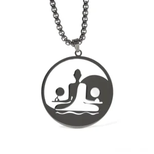 Yin Yang Buddha hollow pendant necklace front view matte black and silver stainless steel