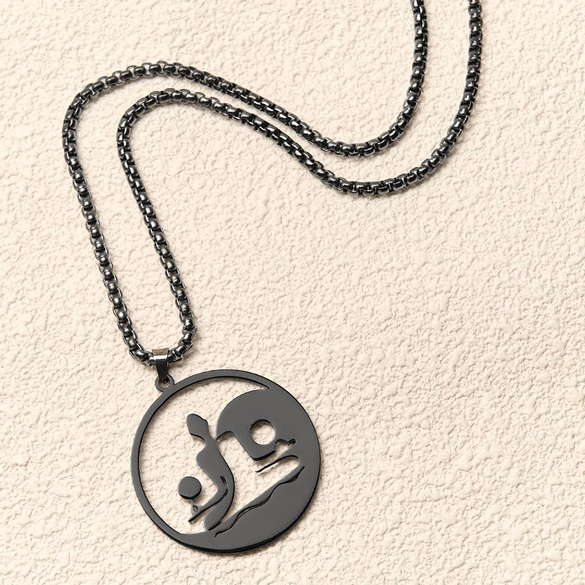 Yin yang buddha pendant necklace hanging view matte black metal curb chain