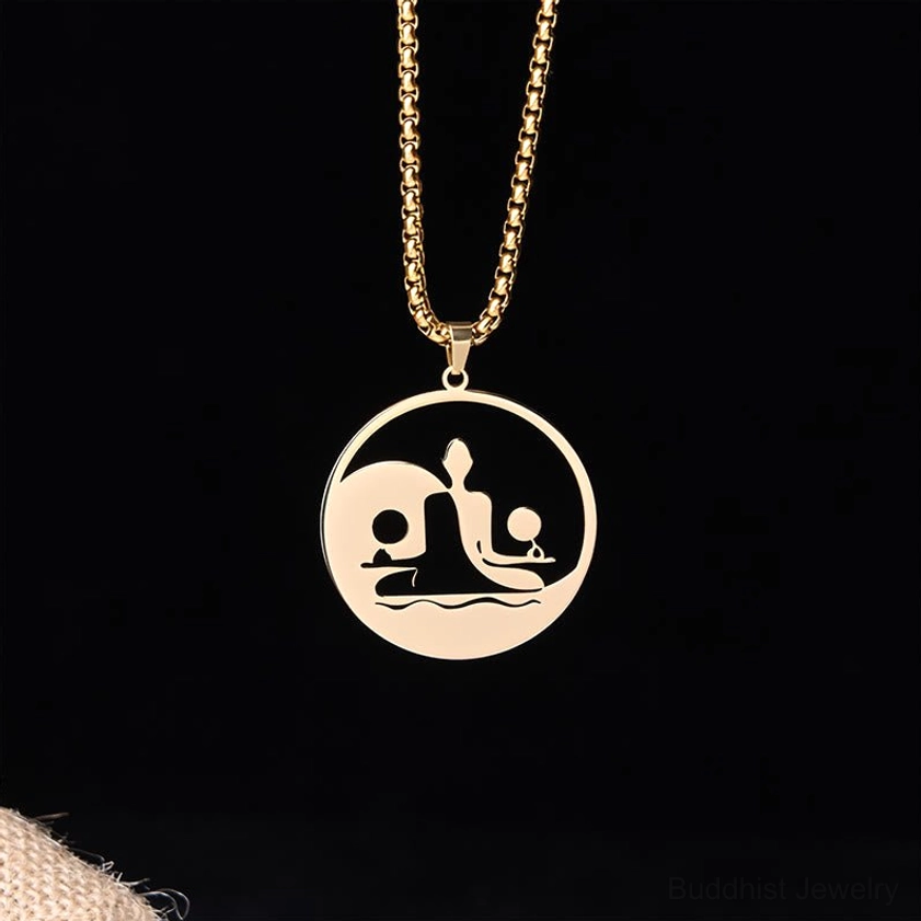 Buddhist hollow yin yang pendant necklace black matte finish stainless steel