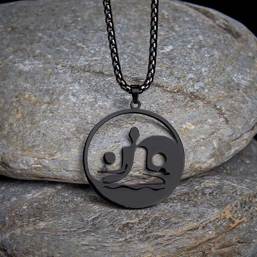 Yin Yang Buddha necklace side profile view curb chain stainless steel pendant