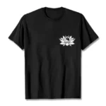 Yin Yang Lotus printed black Buddhist spiritual t-shirt flat lay front view