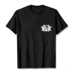 Yin Yang Lotus printed black Buddhist spiritual t-shirt flat lay front view