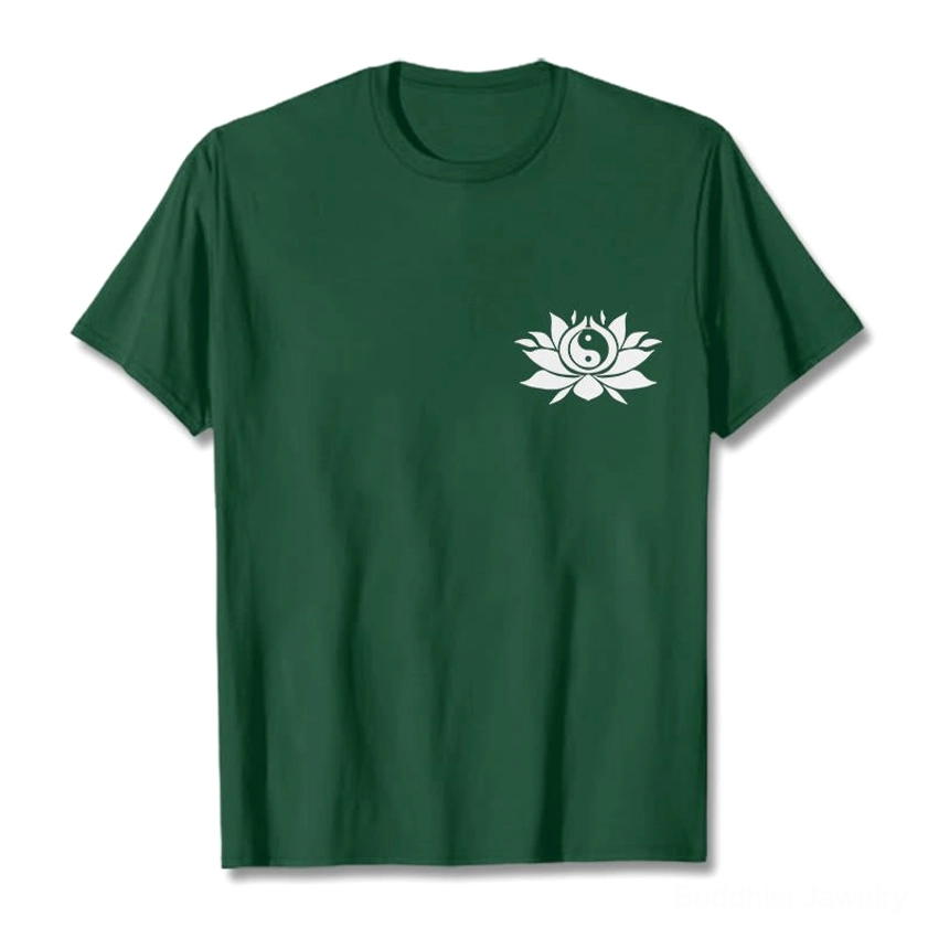 Dark green yin yang lotus printed Buddhist spiritual t-shirt flat lay front view