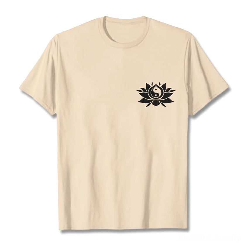 Light pink yin yang lotus Buddhist t-shirt white chest print flat lay