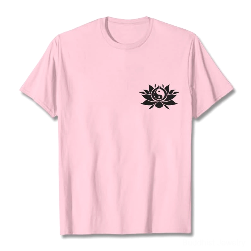 Light pink yin yang lotus Buddhist t-shirt flat lay premium cotton comfort