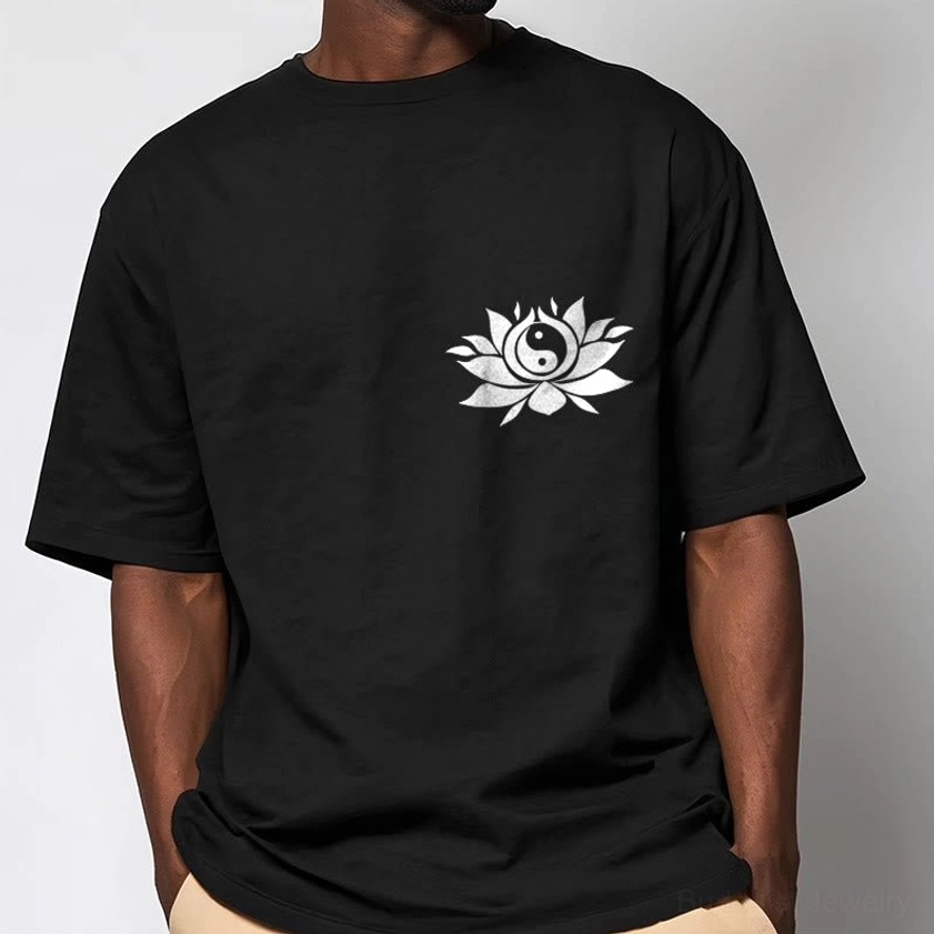Male model wearing yin yang lotus Buddhist tee with white chest print crew neck