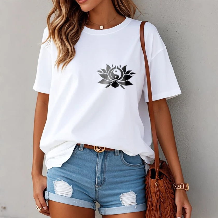 Yin Yang Lotus Buddhist t-shirt detailed chest print graphic design closeup
