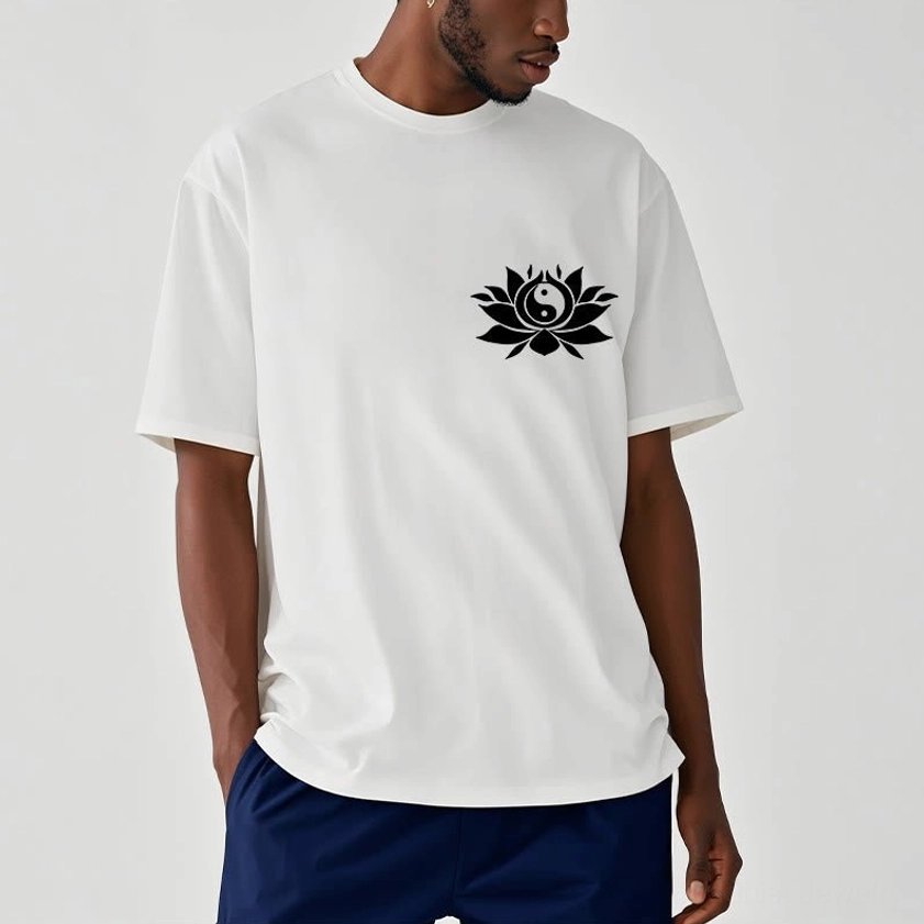 Male model casual white yin yang lotus spiritual tee navy blue pants pairing