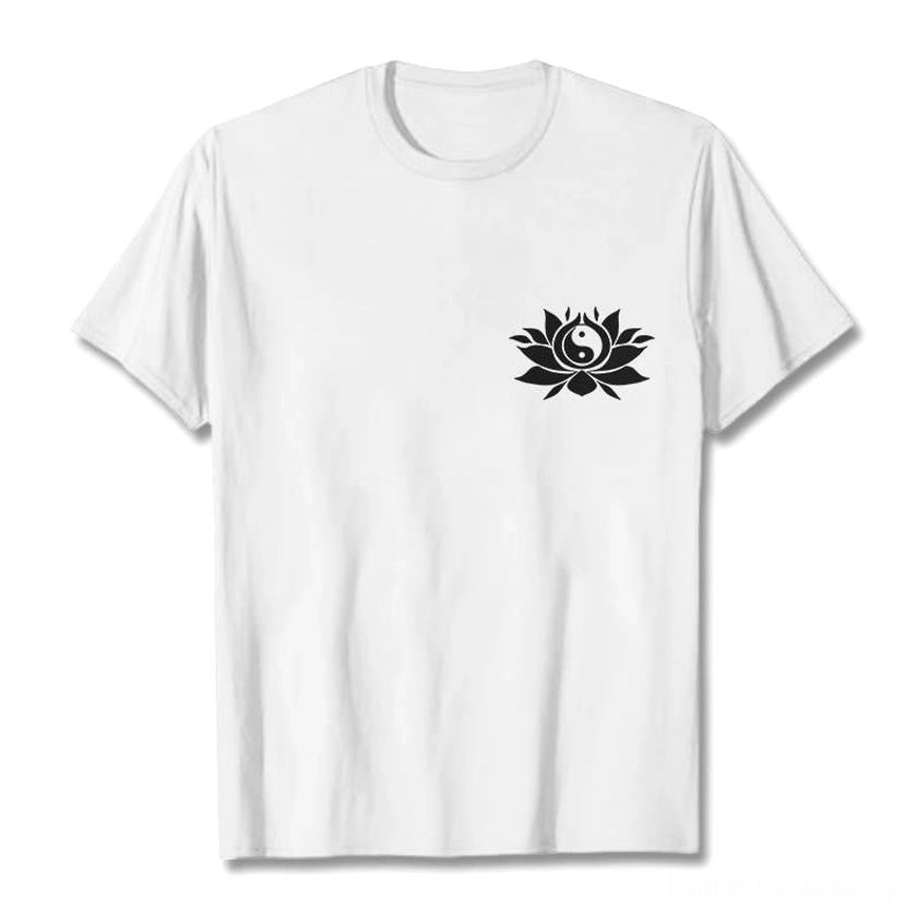 Yin Yang Lotus printed white Buddhist t-shirt black chest graphic flat lay