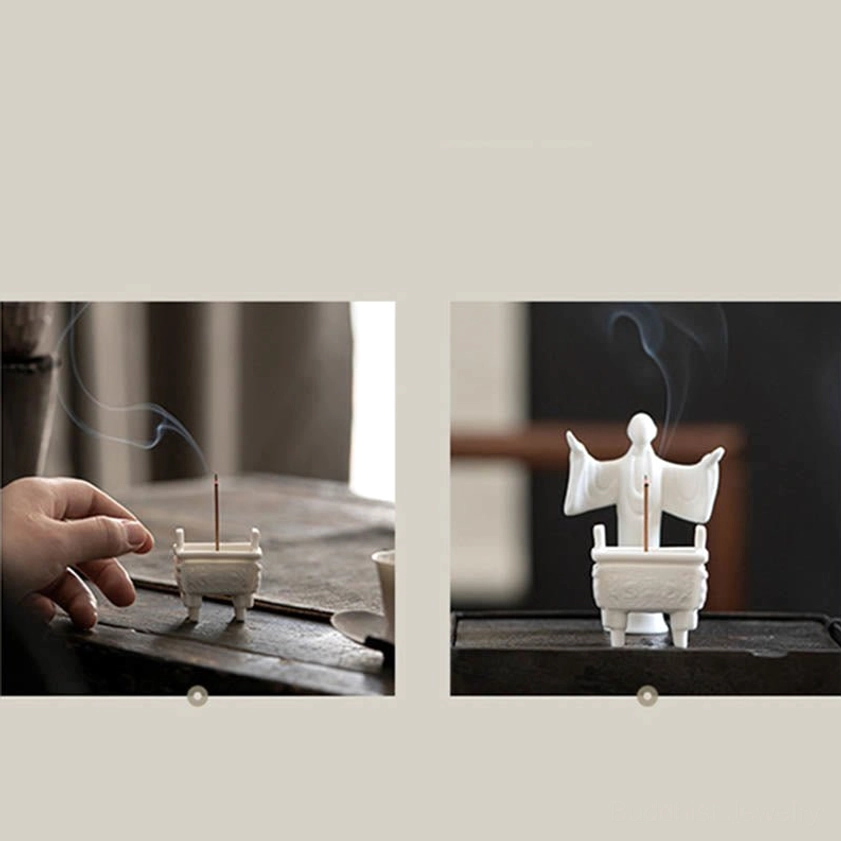 Ceramic incense burner with double ears and carved decorative patterns, suitable for yoga room and wellness space