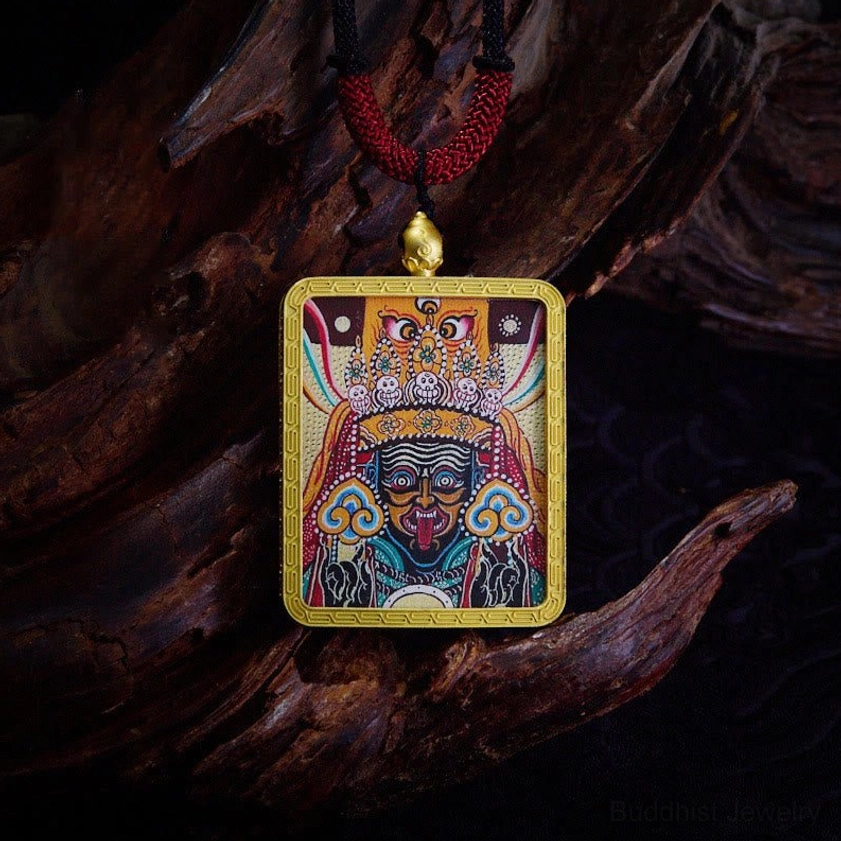 Zakiram Beige Buddhist Thangka pendant with natural earth-tone hand-painted artwork and gold frame