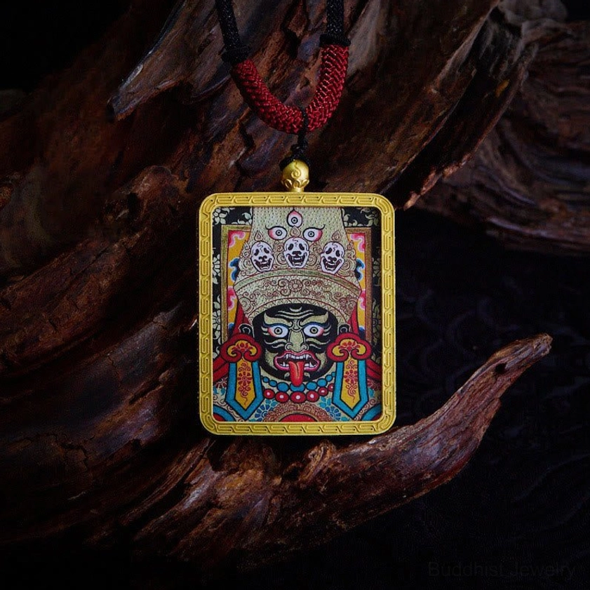 Zakiram Blue Buddhist Thangka pendant with protective deity artwork in vibrant blue and gold frame