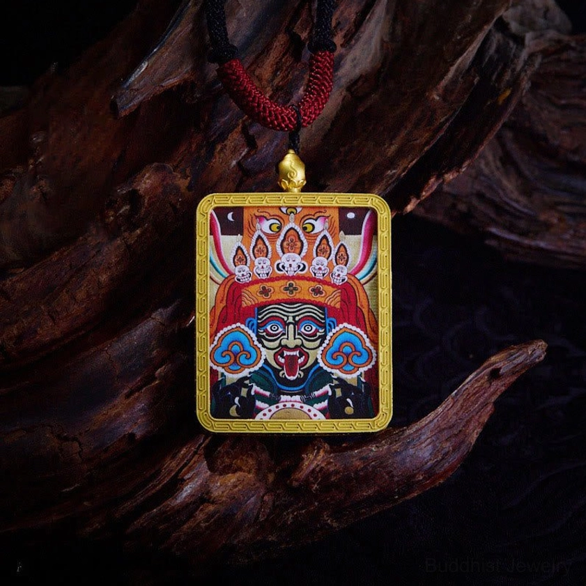 Zakiram Orange Buddhist Thangka pendant featuring goddess of wealth in warm orange tones with gold frame