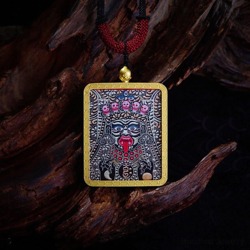 Zakiram Purple Buddhist Thangka pendant featuring fierce protectress with purple sacred symbolism