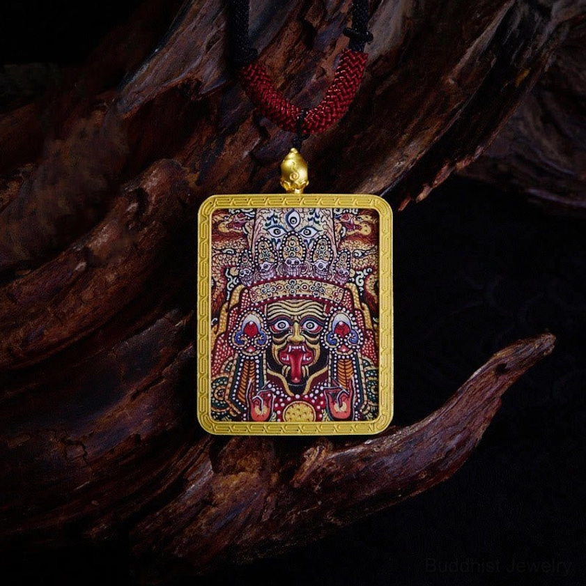 Zakiram Red Buddhist Thangka pendant with vibrant red tones representing fierce protection and courage