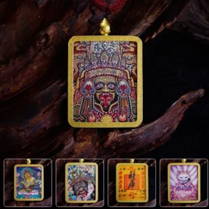 Zakiram Buddhist Thangka pendant necklace with gold metal frame and intricate hand-painted deity artwork on dark wood background