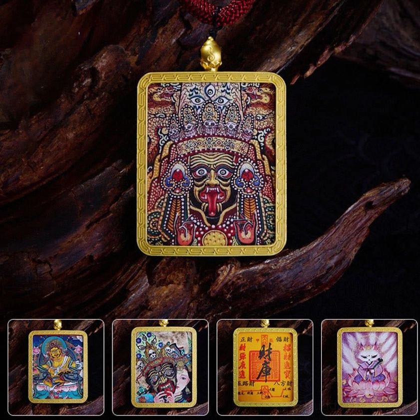 Zakiram Buddhist Thangka pendant necklace with gold metal frame and intricate hand-painted deity artwork on dark wood background