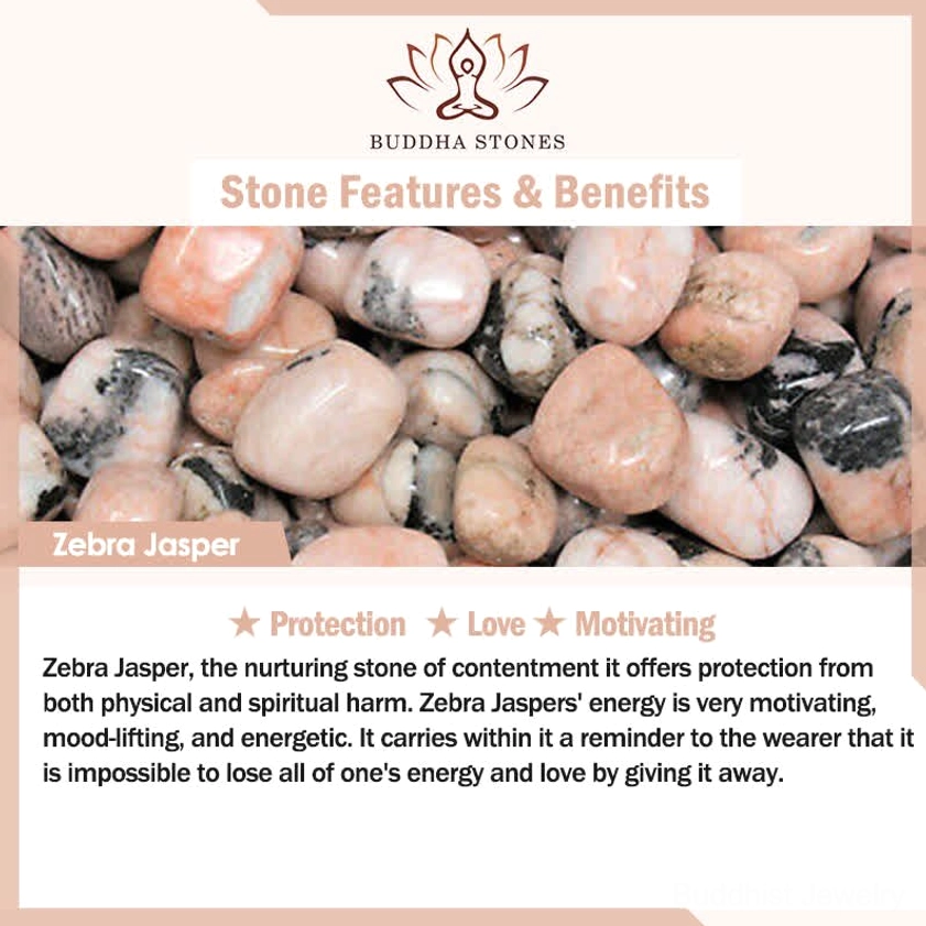 Zebra jasper stone benefits and properties card with detailed information about healing crystals