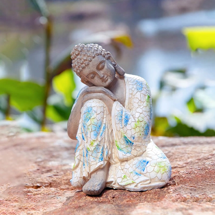 Zen Buddha meditation statue in serene pose, handcrafted resin sculpture for Buddhist home altar
