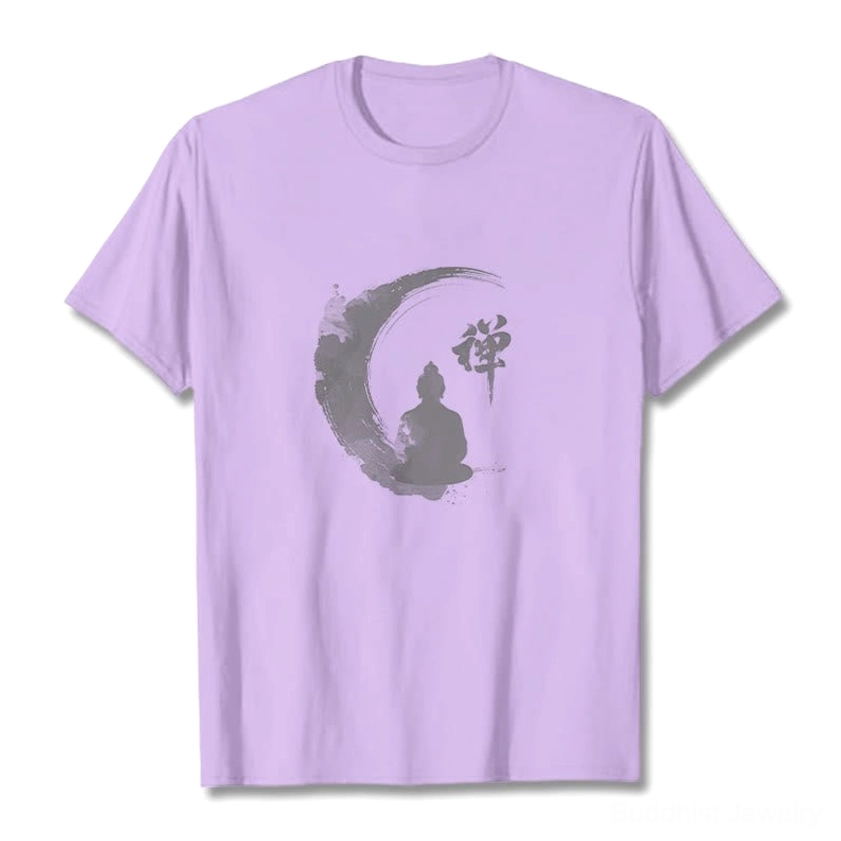 Back view of Zen Buddha meditation t-shirt showing crew neck cut and regular sleeve length on male model demonstrating unisex fit