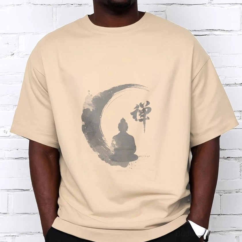 Hanging display of Zen Buddha meditation t-shirt showing the full front design with crescent moon and Buddhist meditation graphic print