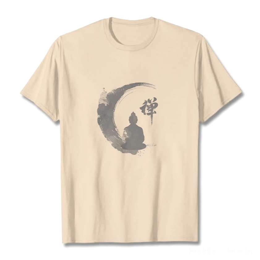 Product lifestyle shot of Zen Buddha meditation t-shirt being worn, demonstrating the Buddhist graphic tee in a real-world casual setting