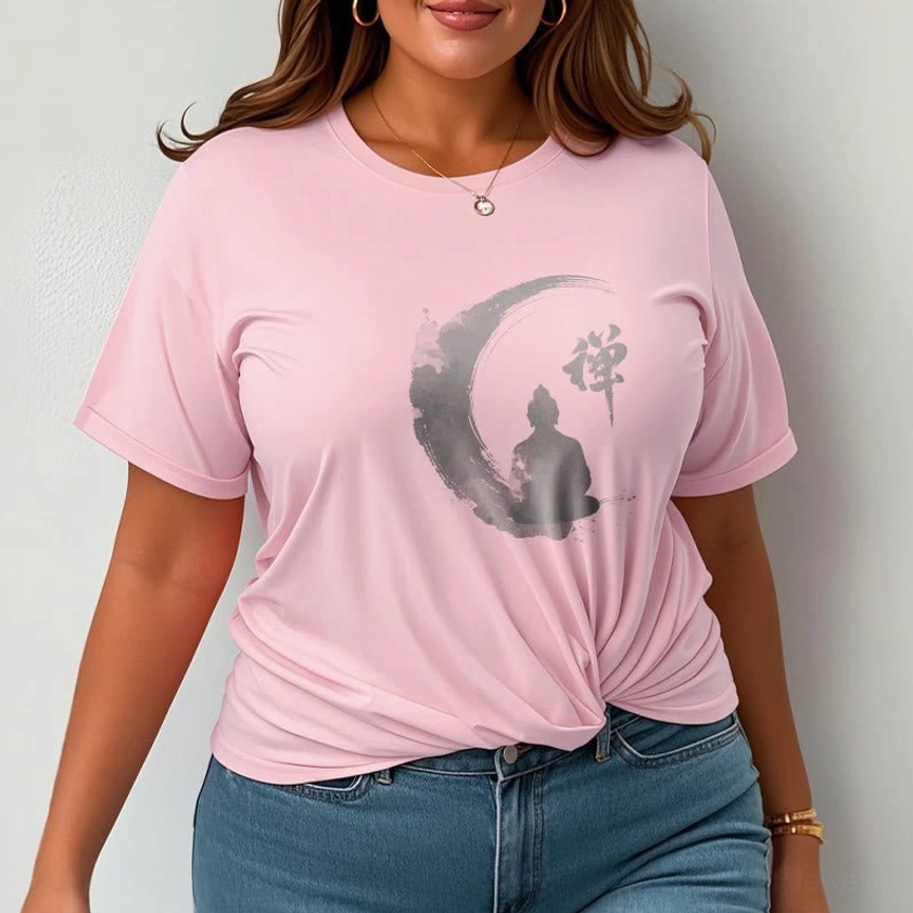 Light cyan Zen Buddha meditation t-shirt detail showing the artistic ink-wash Buddhist print with crescent moon and flowing abstract elements