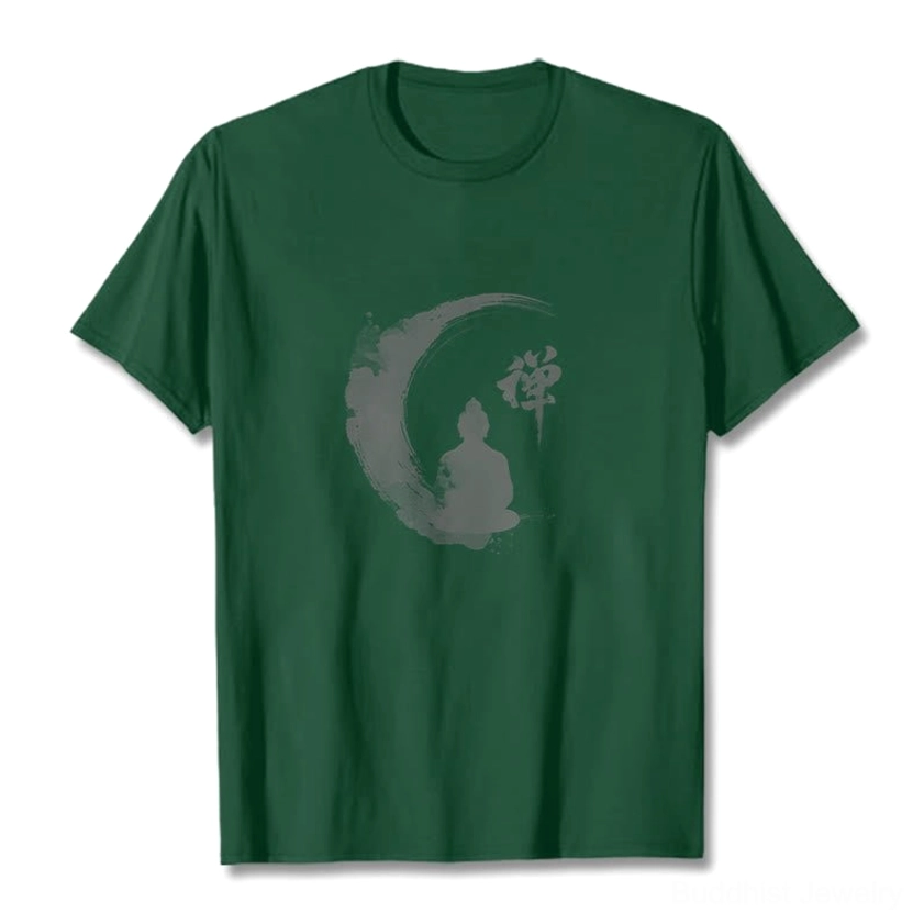 Light cyan Zen Buddha meditation t-shirt flat lay front view showing crew neck and short sleeves with Buddhist crescent moon graphic print