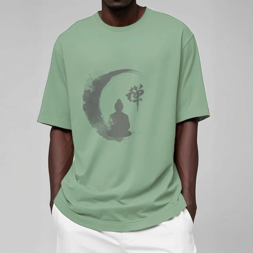 Female model wearing light grey Zen Buddha meditation t-shirt showcasing the fit and comfort of the unisex Buddhist graphic tee in everyday styling