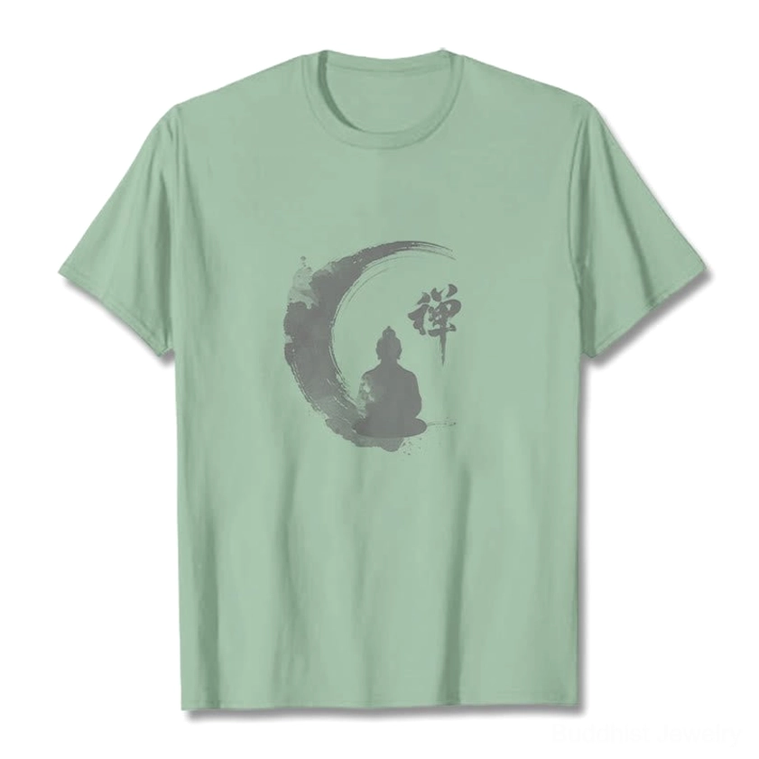 Light grey Zen Buddha meditation t-shirt flat lay front view on white background showing the crew neck and grey ink-wash Buddhist graphic design