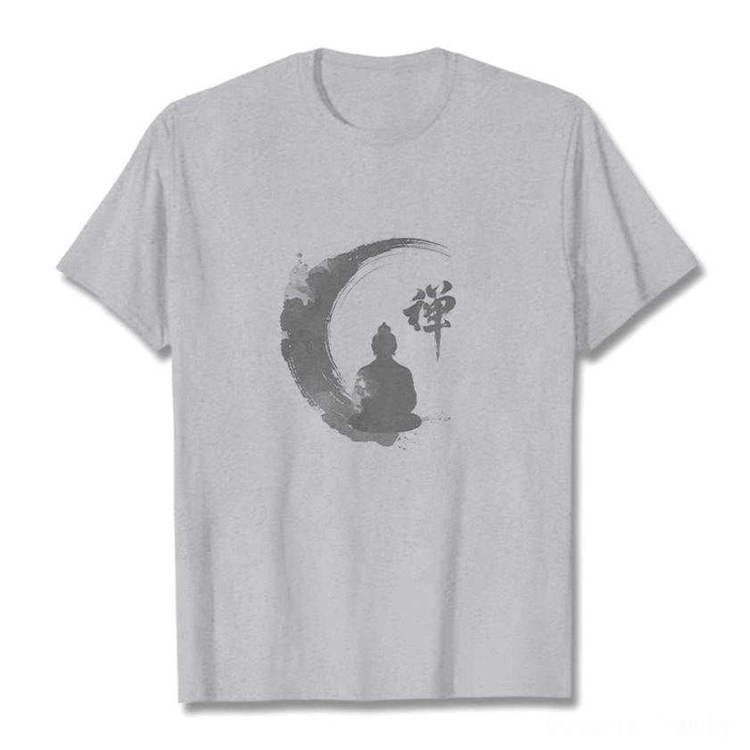 Light grey Zen Buddha meditation t-shirt displayed on model showing unisex fit, crew neck, and short sleeves with Buddhist crescent moon graphic