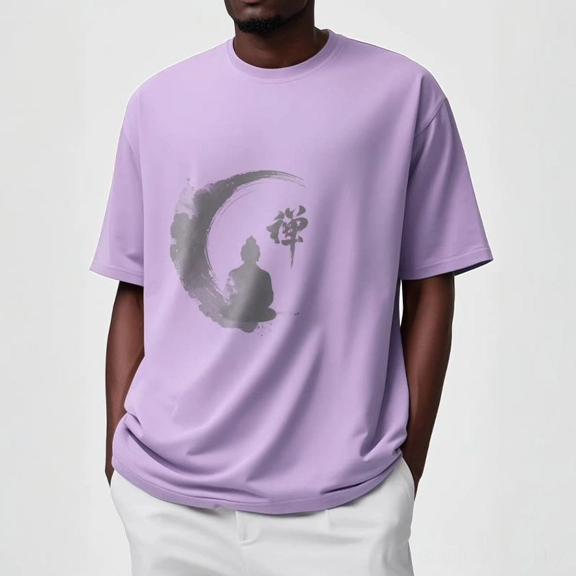 Male model wearing light grey Zen Buddha meditation t-shirt with casual pants, showing the versatile and comfortable fit of the Buddhist graphic tee