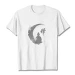 Zen meditation Buddha print cotton t-shirt flat lay front view on white background, showing crew neck and grey ink-wash graphic design with crescent moon element