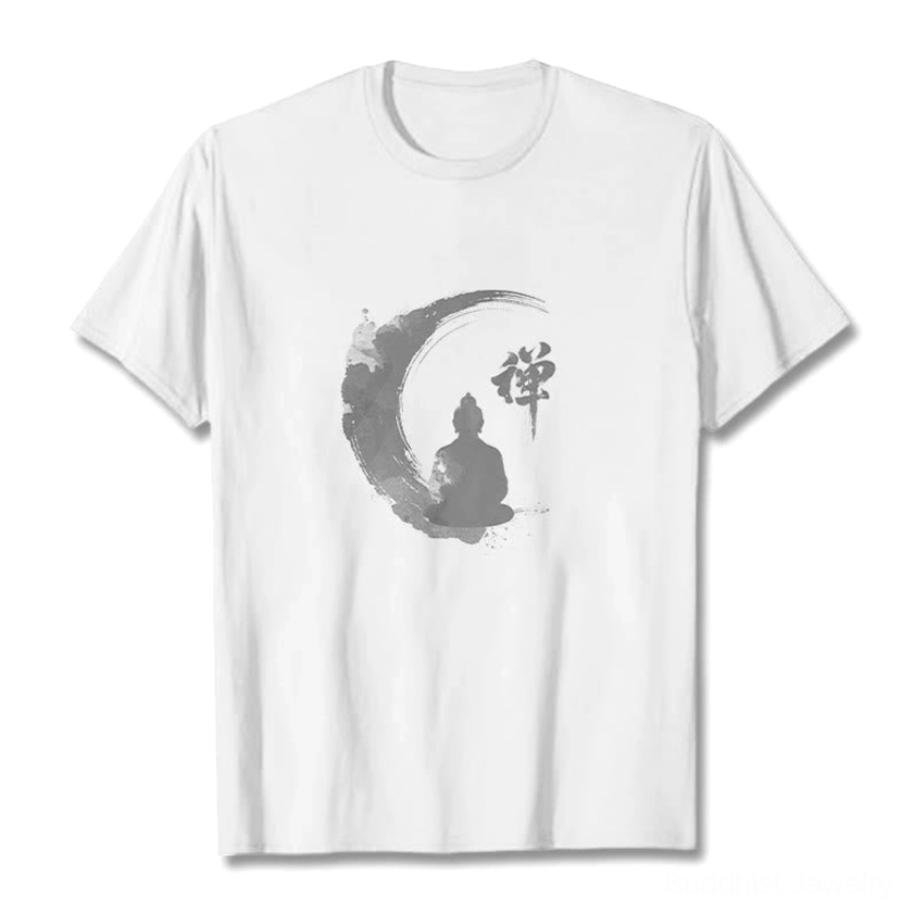 Zen meditation Buddha print cotton t-shirt flat lay front view on white background, showing crew neck and grey ink-wash graphic design with crescent moon element