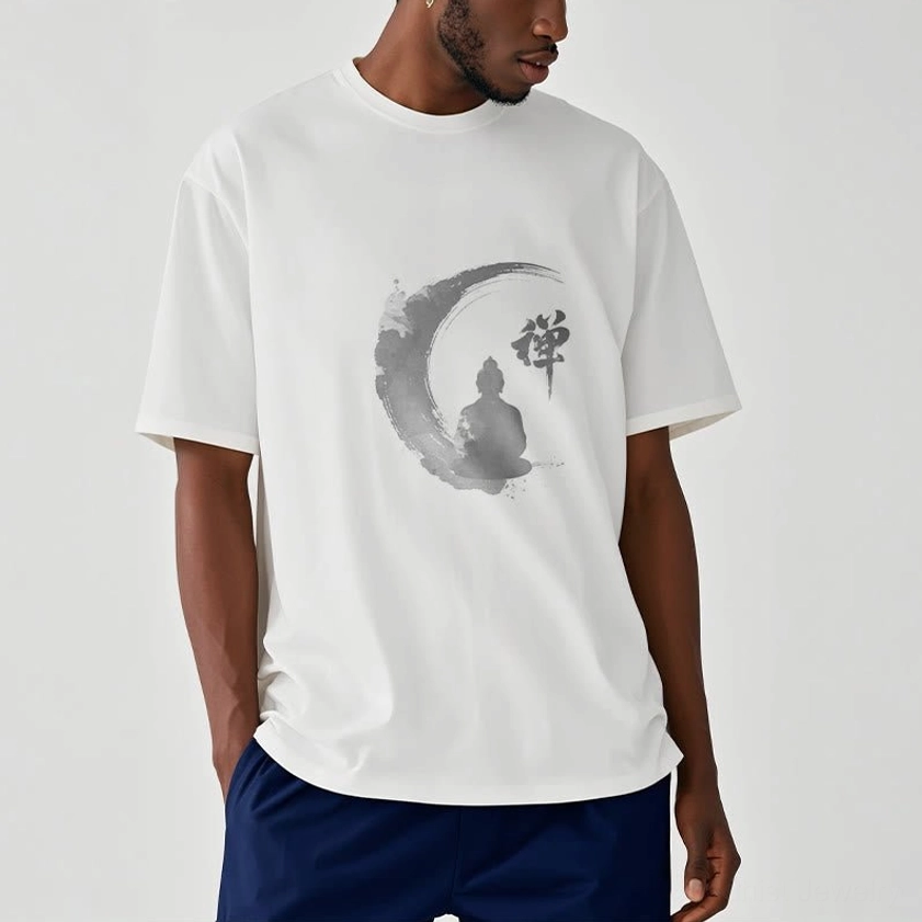 Male model wearing white Zen Buddha meditation t-shirt with crew neck, showing fit and comfort of the unisex Buddhist graphic tee design