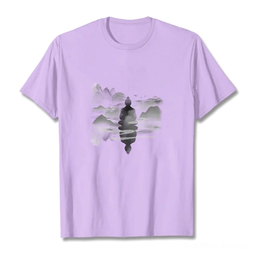 Back view of Buddhist meditation t-shirt showing crew neck and full landscape graphic