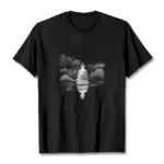 Zen mountain meditation Buddha printed black cotton t-shirt front flat lay display