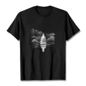 Zen mountain meditation Buddha printed black cotton t-shirt front flat lay display