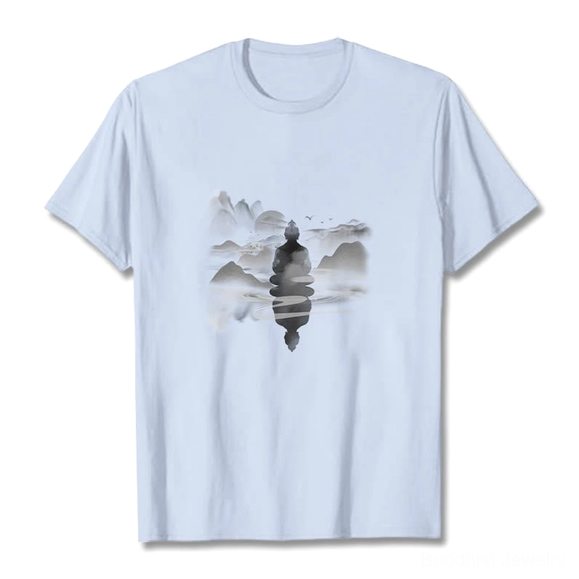Light cyan Buddhist meditation cotton t-shirt front display with Zen landscape print