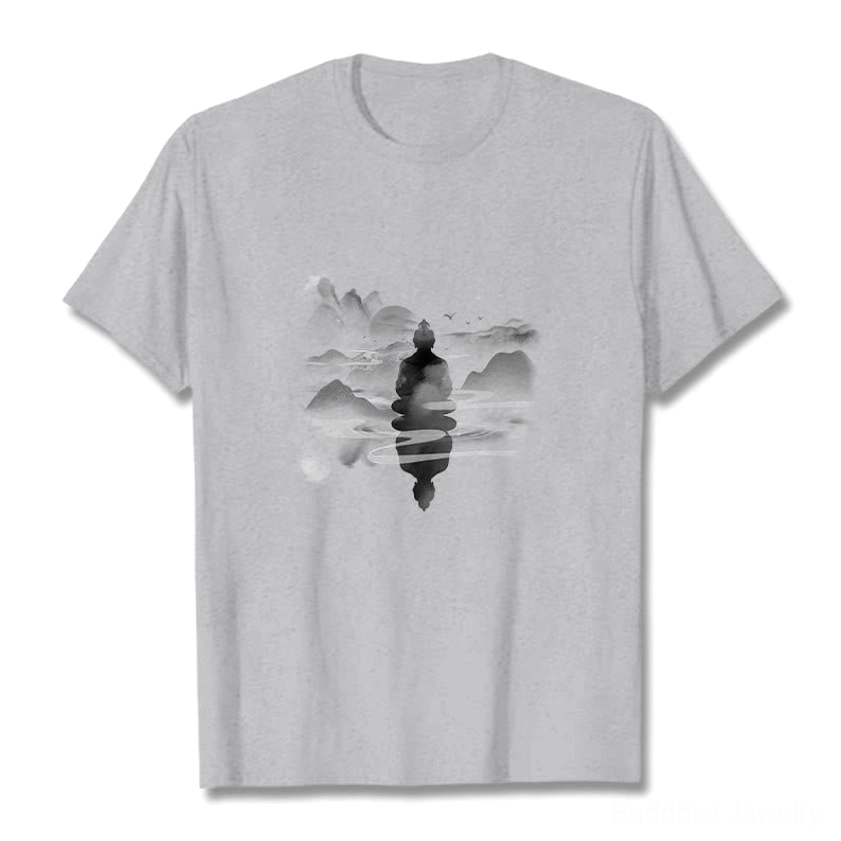 Light grey Buddhist spiritual t-shirt front display with serene meditative landscape design