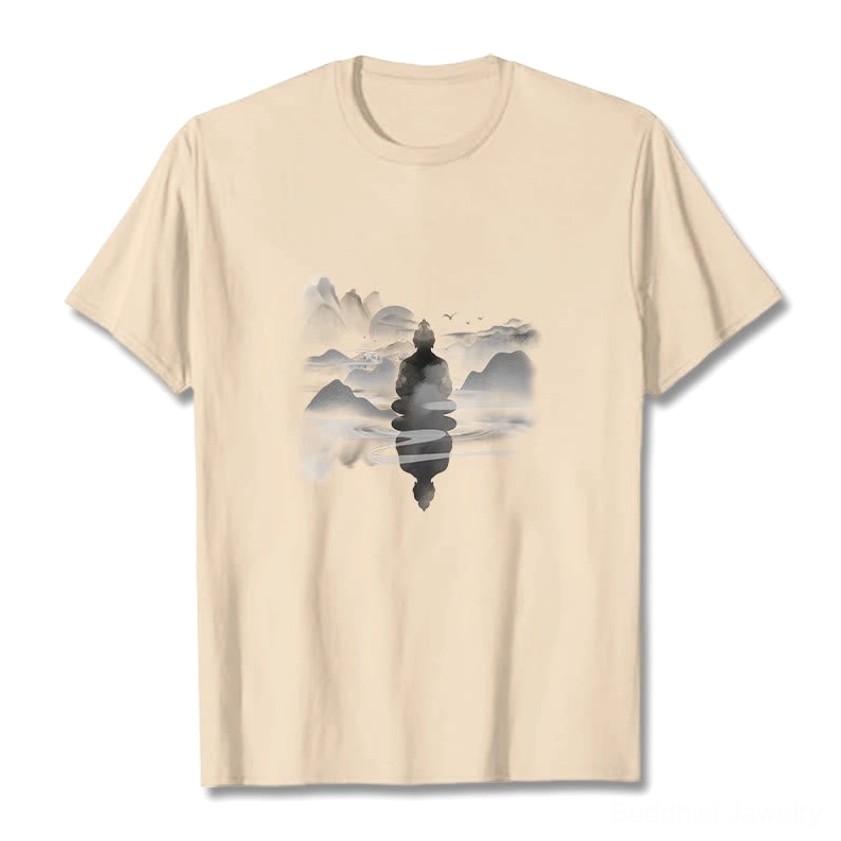 Light grey Buddhist meditation t-shirt front display with misty mountain Buddha artwork
