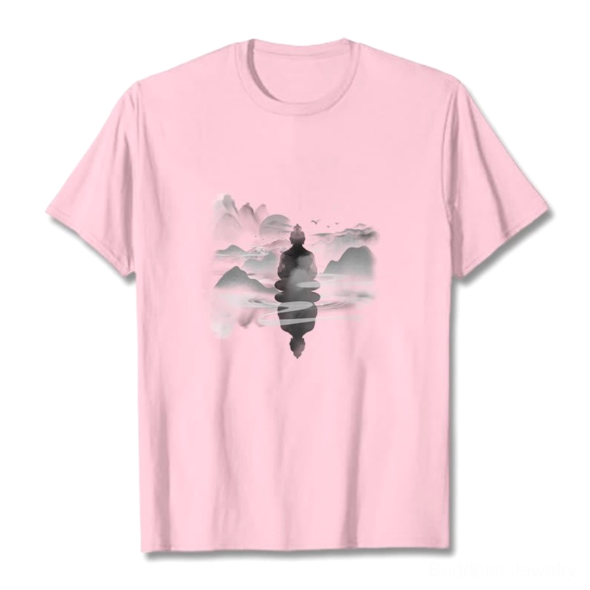 Pink Buddhist spiritual t-shirt with serene meditative Buddha and mountain mist design