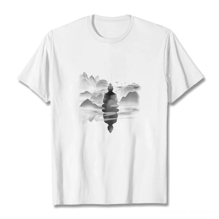 Zen mountain meditation Buddha printed white cotton t-shirt front flat display